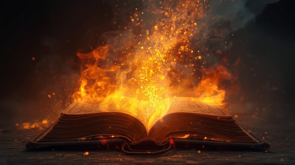 燃えるマヤの古文書から立ち上る魔法の光