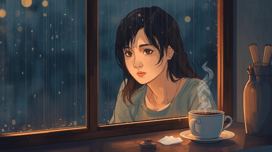人生の悩みを抱え窓の外を見る女性