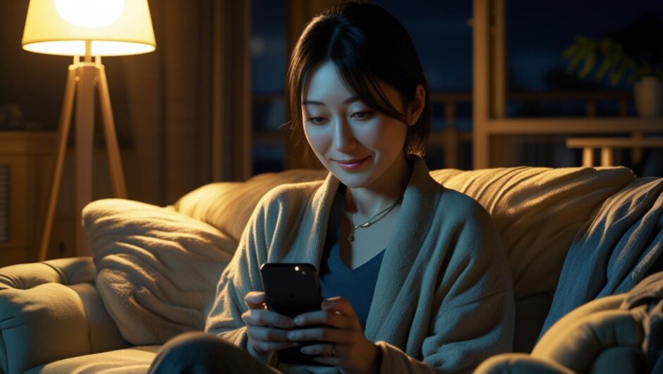 夜の心地よいリビングのソファに座る30代の日本人女性夜の心地よいリビングのソファに座る30代の日本人女性