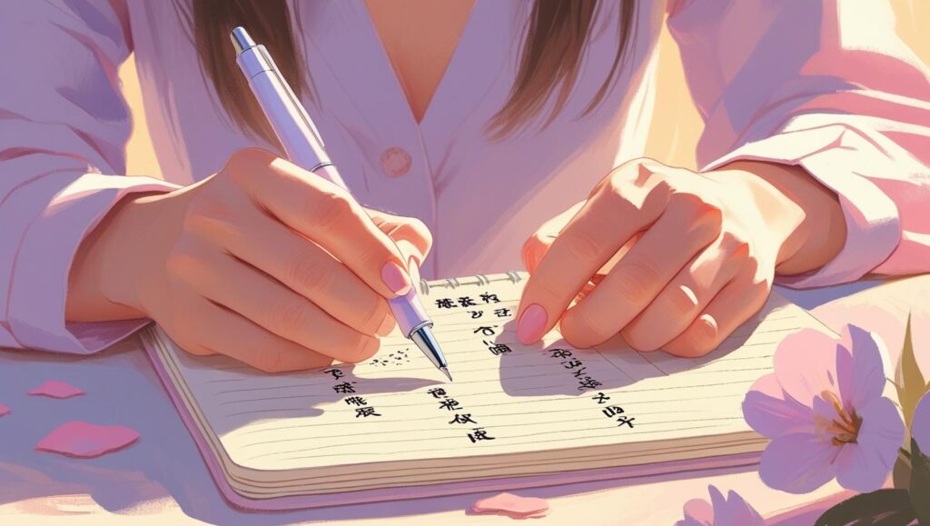 女性の手とノート