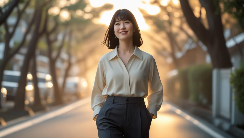 オフィスウェアを着た30代の日本人女性