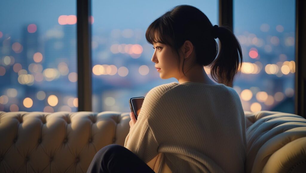 夜、窓辺のソファに座り、ひざを抱えてスマホの画面を見つめる女性の後ろ姿。