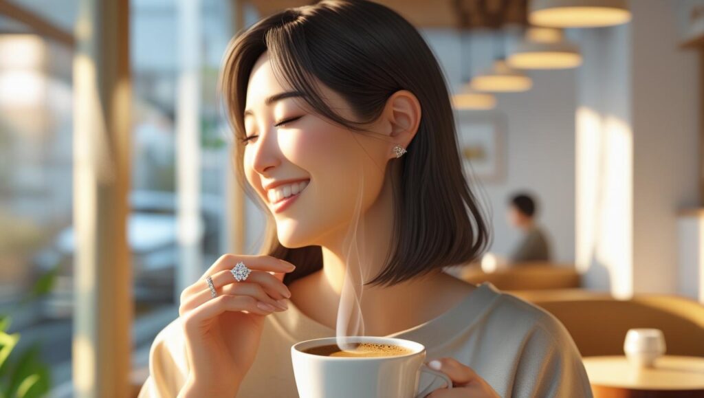  左手の薬指に指輪をはめ、カフェで幸せそうにコーヒーを飲む女性