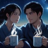 結婚の話を切り出す女性と、優しく見つめる彼氏のイラスト｜夜空には星が輝いている
