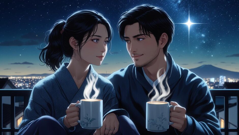 結婚の話を切り出す女性と、優しく見つめる彼氏のイラスト｜夜空には星が輝いている