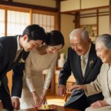 彼氏の両親へ結婚の挨拶をする、温かい雰囲気のカップル