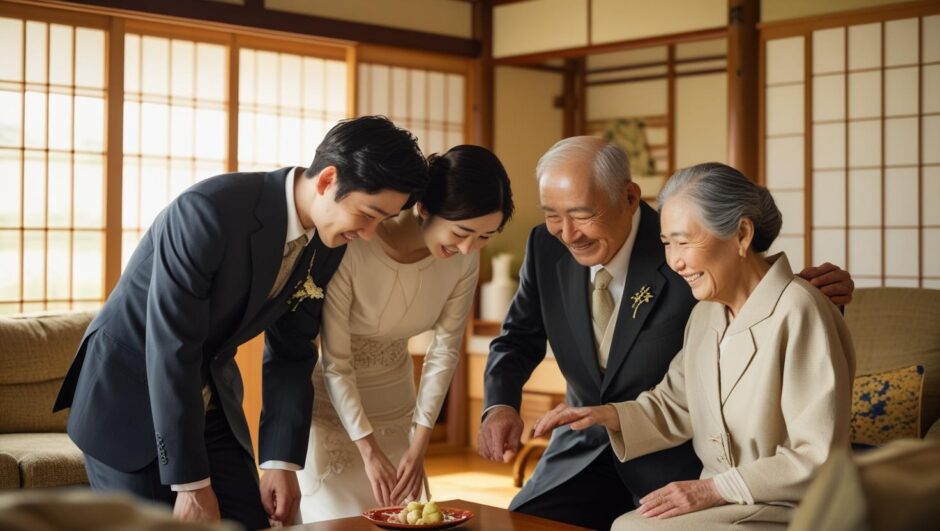 彼氏の両親へ結婚の挨拶をする、温かい雰囲気のカップル