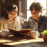 結婚前のお金の管理について、カップルで楽しく話し合うイメージ