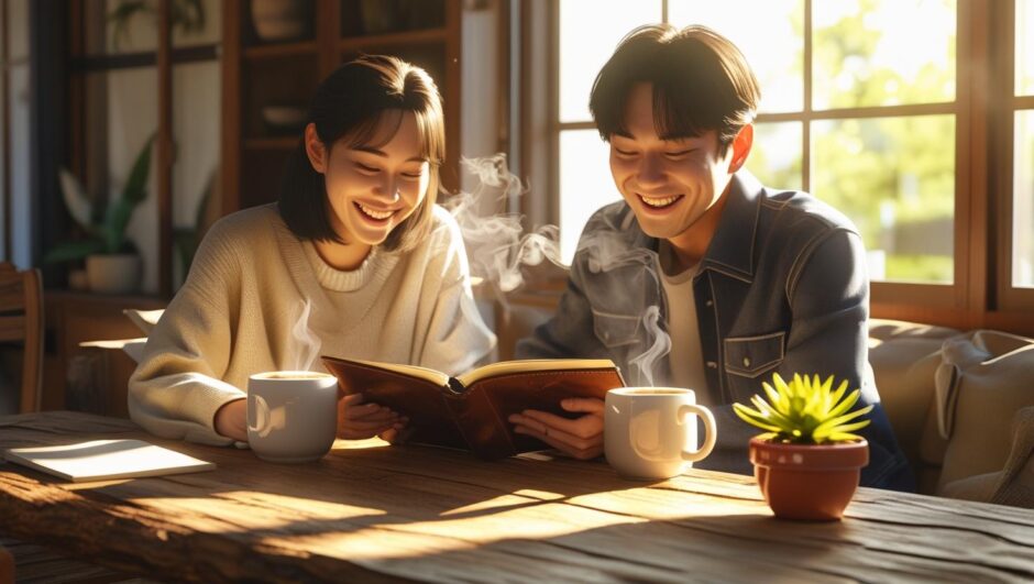 結婚前のお金の管理について、カップルで楽しく話し合うイメージ