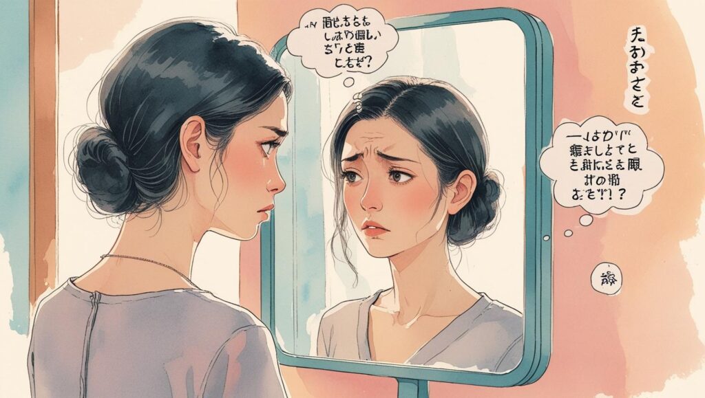 鏡の前で悩む女性のイラスト
