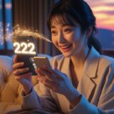 スマホに表示されたエンジェルナンバーを見て微笑む女性