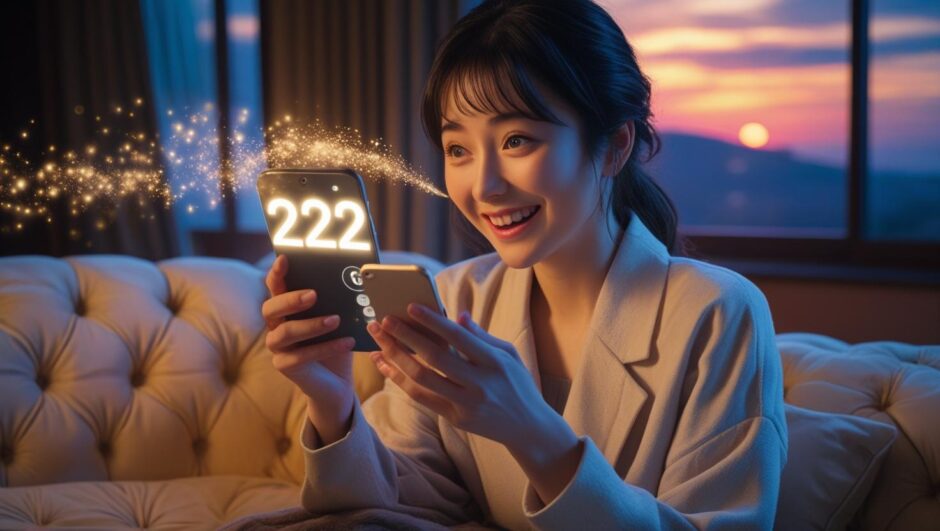 スマホに表示されたエンジェルナンバーを見て微笑む女性