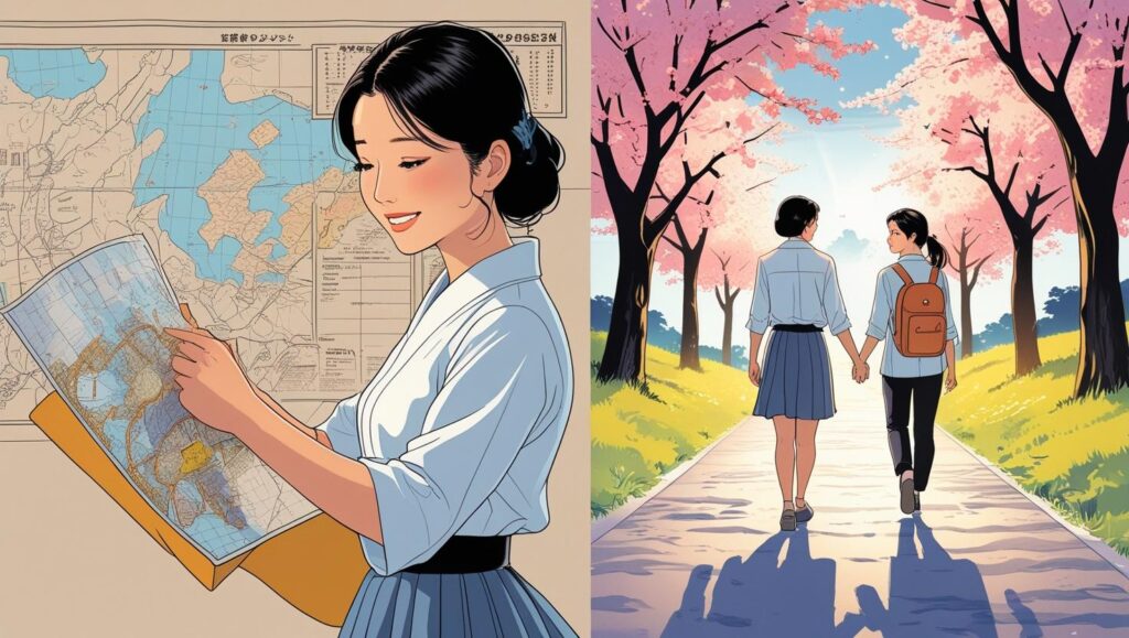 マヤ暦の相性占いを読み終え、自信を持って彼と未来へ歩むカップルのイラスト
