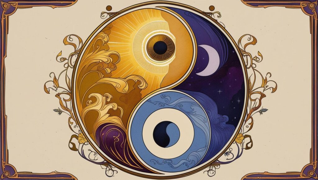 青い鷲の才能が持つ光（先見の明）と影（悲観的）の両面を表す陰陽図