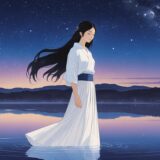 マヤ暦の紋章「白い鏡」の才能を象徴する、湖面に映る真実（星空）を見つめる女性