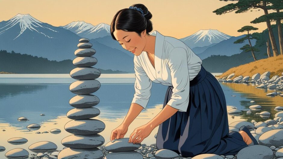 マヤ暦「銀河の音4」の役割を象徴する、揺るぎない土台を築く女性のイラスト