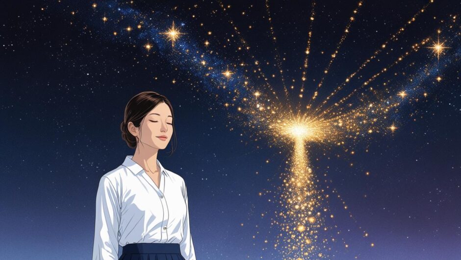 マヤ暦「銀河の音7」の役割を象徴する、宇宙からの情報を受け取る女性