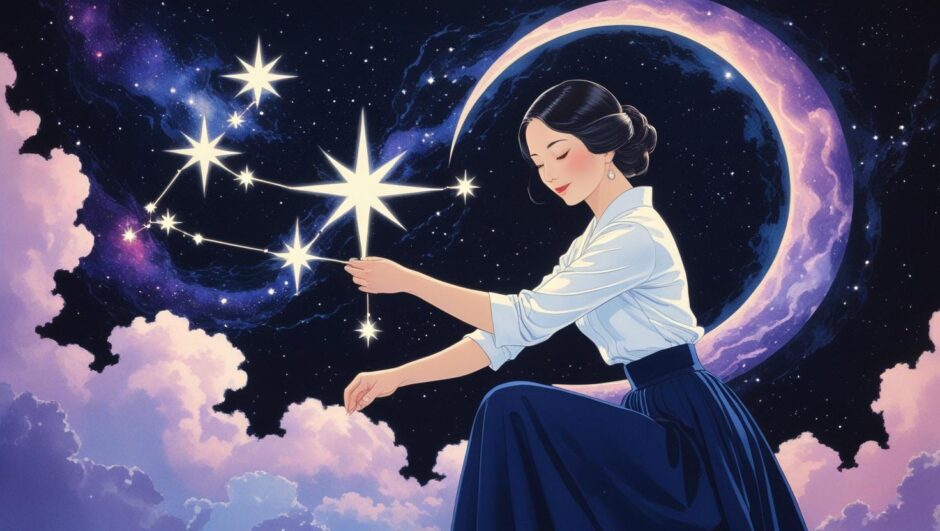 マヤ暦「銀河の音13」の役割を象徴する、未完成の星座に最後の星をはめる女性