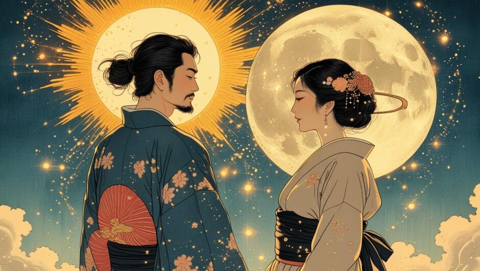 マヤ暦の相性「反対キン」を象徴する、太陽の男性と月の女性が出会うイラスト