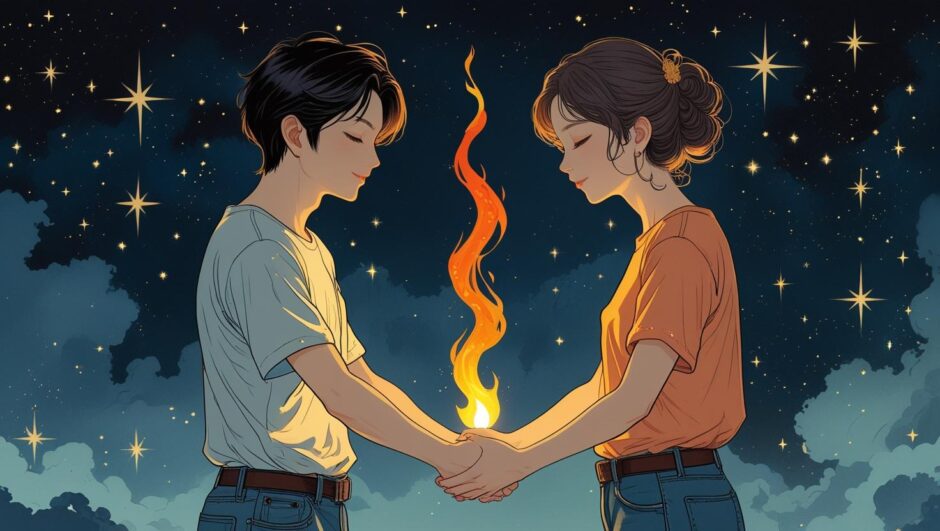 マヤ暦の相性「神秘キン」を象徴する、情熱的な炎を見つめる運命の二人のイラスト