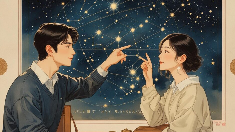 マヤ暦の相性「ガイドキン」を象徴する、共に未来の星図を見つめるカップルのイラスト